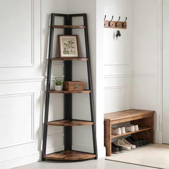 Fnova 70.1" 5-Tier Industrial Corner Ladder Shelf, Modern Corner Bookshelf, Compact Bookcase, Plant Stand for Living Room, Kitchen, Home Office