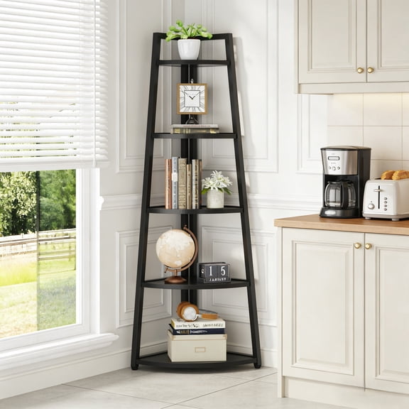 Fnova 70.1" 5-Tier Industrial Corner Ladder Shelf, Modern Corner Bookshelf, Compact Bookcase, Plant Stand for Living Room, Kitchen, Home Office