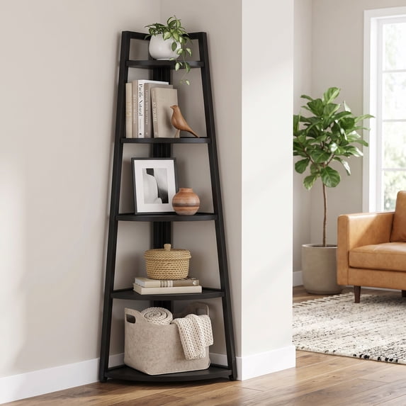 Fnova 71" 5-Tier Industrial Corner Ladder Shelf, Modern Corner Bookshelf, Compact Bookcase, Plant Stand for Living Room, Kitchen, Home Office