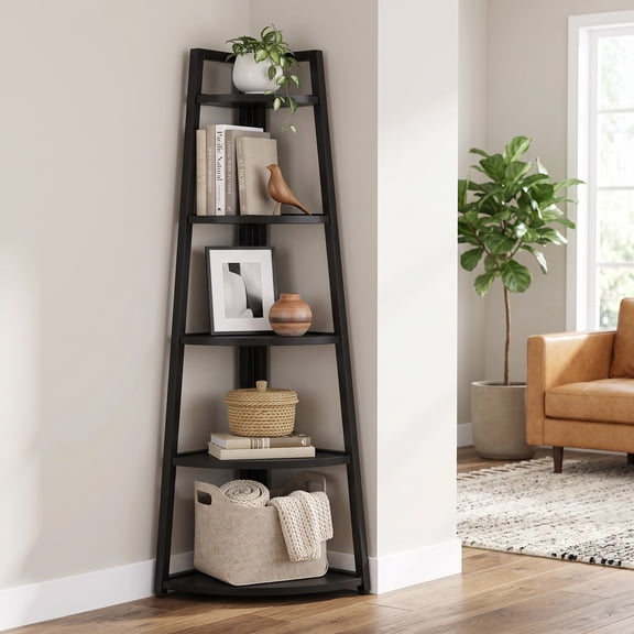 Fnova 71" 5-Tier Industrial Corner Ladder Shelf, Modern Corner Bookshelf, Compact Bookcase, Plant Stand for Living Room, Kitchen, Home Office