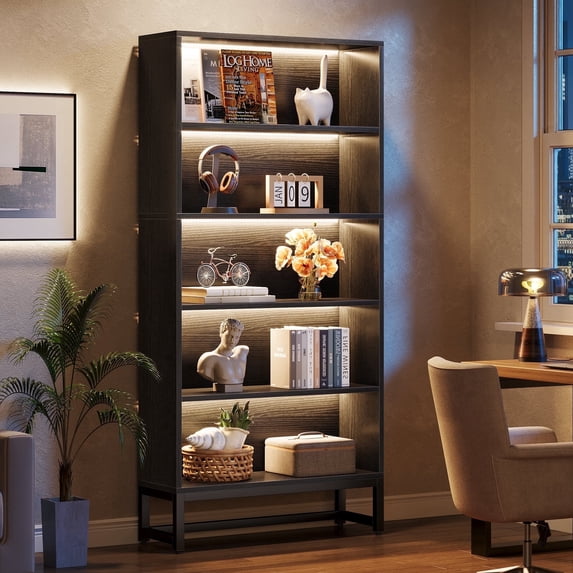 Fnova 70.8" Bookcase Modern Display 5 Tier Storage Shelves with LED Lights, File Cabinet for Living Room, Bedroom, Study