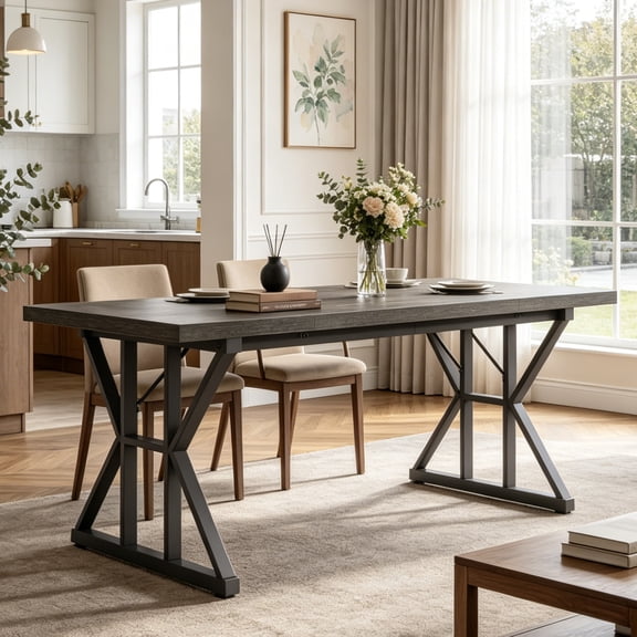 Fnova 70.86 Inch Farmhouse Dining Table, X-Shaped Metal Legs, Large Rectangular Kitchen Table for 6-8 People, Heavy Duty Dining Room Furniture
