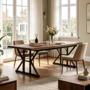 Fnova 70.86 Inch Farmhouse Dining Table, X-Shaped Metal Legs, Large Rectangular Kitchen Table for 6-8 People, Heavy Duty Dining Room Furniture