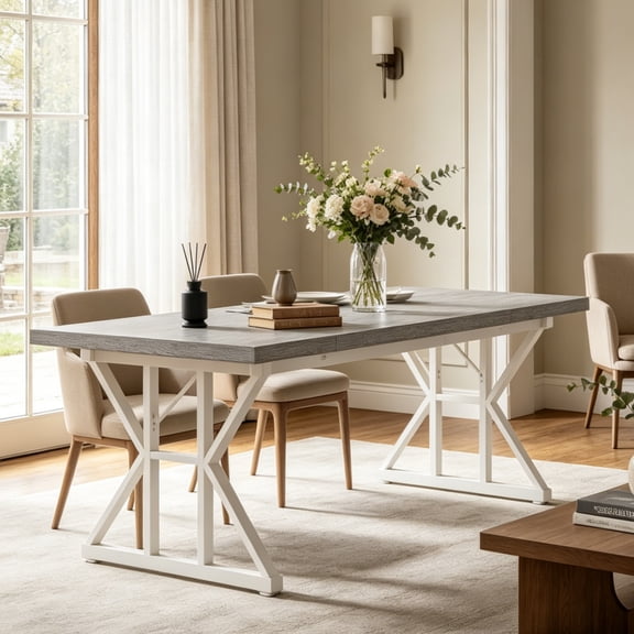 Fnova 70.86 Inch Farmhouse Dining Table, X-Shaped Metal Legs, Large Rectangular Kitchen Table for 6-8 People, Heavy Duty Dining Room Furniture