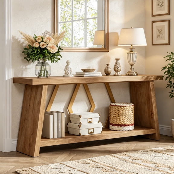 Fnova 70.86" Farmhouse Console Table for Entryway, 2-Tier Storage Long Narrow Wood Entryway Sofa Table, Easy Assembly, for Living Room Staircase Hallway Decor