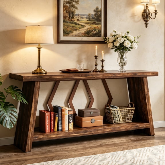 Fnova 70.86" Farmhouse Console Table for Entryway, 2-Tier Storage Long Narrow Wood Entryway Sofa Table, Easy Assembly, for Living Room Staircase Hallway Decor