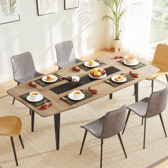 Fnova 70.86" Large Dining Table for 6-8, Farmhouse Kitchen Table for Dining Room with Metal Base, Brown