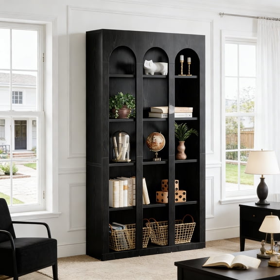 Fnova 70.87" 5-Tier Bookshelf, Arched Design Display Bookcase with Open Storage Shelves, Versatile Organizer for Living Room, Bedroom, Home Office, Entryway