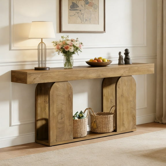 Fnova 70.87" Farmhouse Console Table for Entryway, 2-Tier Storage Long Narrow Wood Entryway Table, Easy Assembly, Light Brown