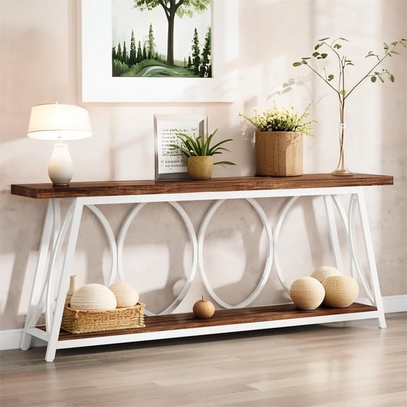 Fnova 70.87" Farmhouse Console Table for Entryway, 2-Tier Storage Long Narrow Wood Entryway Table, Metal Frame, Easy Assembly, Brown White