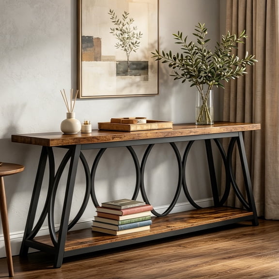 Fnova 70.87" Extra Long 2-Tier Console Table, Industrial Sofa Table with Decorative Circular Metal Frame, Entryway Hallway Behind Couch Storage Console