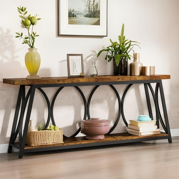 Fnova 70.87" Farmhouse Console Table for Entryway, 2-Tier Storage Long Narrow Wood Entryway Table, Metal Frame, Easy Assembly, Brown