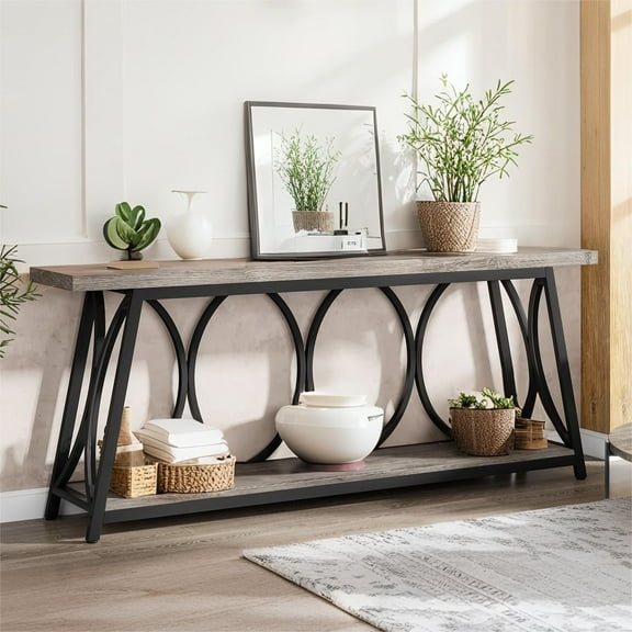 Fnova 70.87" Farmhouse Console Table for Entryway, 2-Tier Storage Long Narrow Wood Entryway Table, Metal Frame, Easy Assembly, Gray