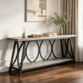 Fnova 70.87" Extra Long 2-Tier Console Table, Industrial Sofa Table with Decorative Circular Metal Frame, Entryway Hallway Behind Couch Storage Console