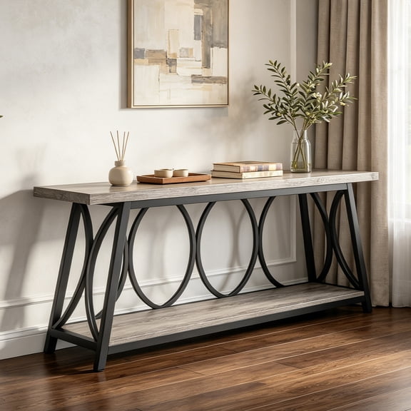 Fnova 70.87" Extra Long 2-Tier Console Table, Industrial Sofa Table with Decorative Circular Metal Frame, Entryway Hallway Behind Couch Storage Console