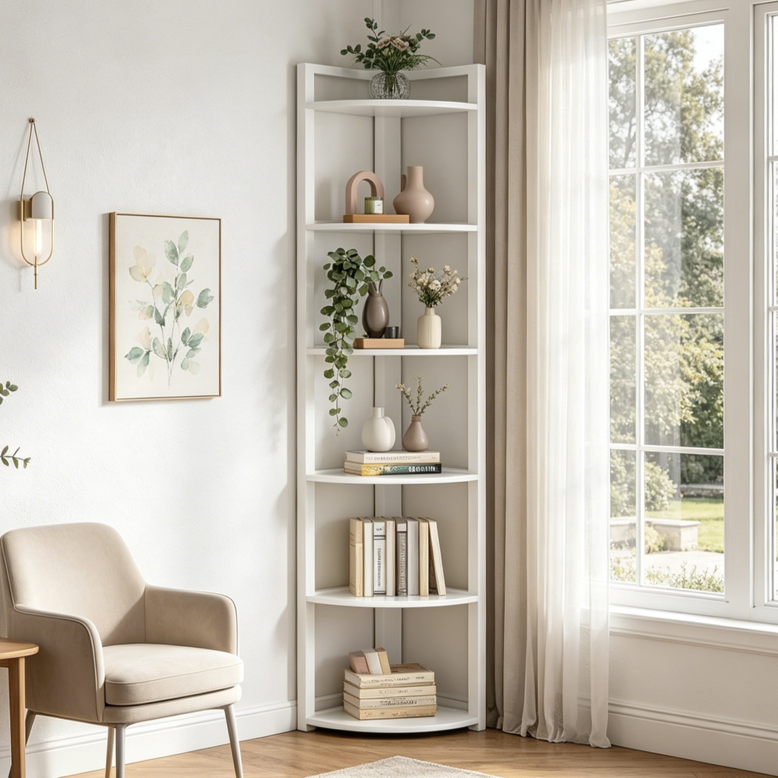 Fnova 70.9" 6-Tier Corner Shelf, Rustic Corner Bookshelf, Compact Storage Rack for Living Room, Home Office, Kitchen