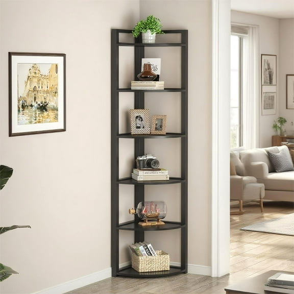 Fnova 70.9" 6-Tier Corner Shelf, Rustic Corner Bookshelf, Compact Storage Rack for Living Room, Home Office, Kitchen