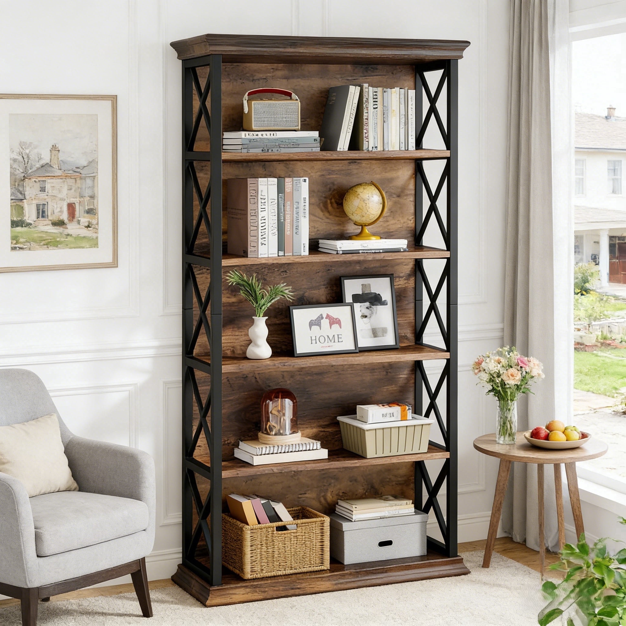 Fnova 71" 5-Tier Tall Bookshelf, Industrial Wood Bookcase with Metal Frame, Floor Standing Display Storage Shelves for Home Office, Living Room, Bedroom