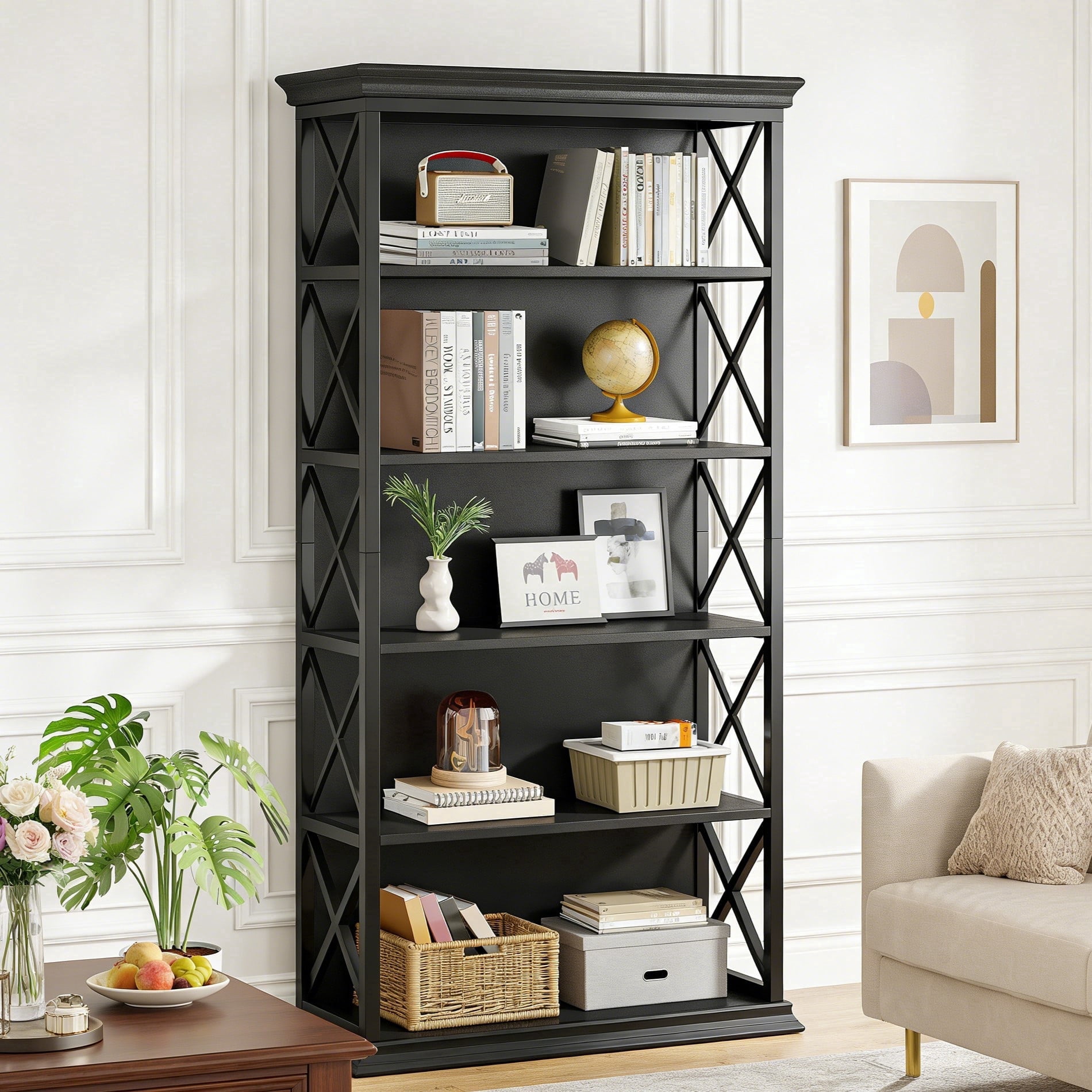 Fnova 71" 5-Tier Tall Bookshelf, Industrial Wood Bookcase with Metal Frame, Floor Standing Display Storage Shelves for Home Office, Living Room, Bedroom
