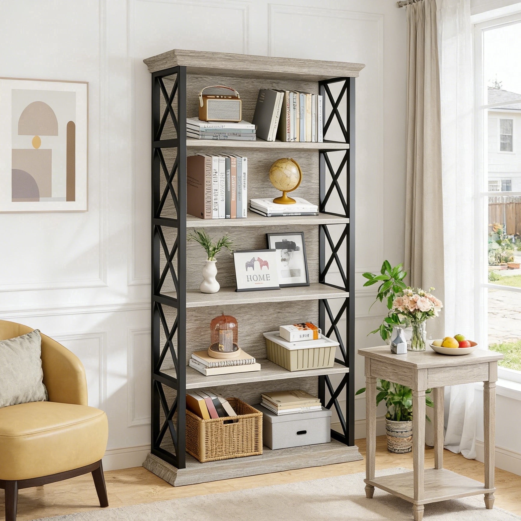 Fnova 71" 5-Tier Tall Bookshelf, Industrial Wood Bookcase with Metal Frame, Floor Standing Display Storage Shelves for Home Office, Living Room, Bedroom