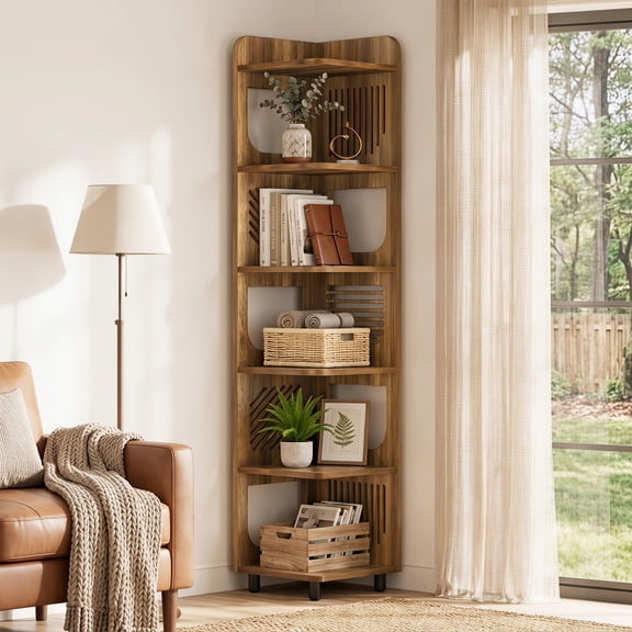 Fnova 71" 6-Tier Tall Corner Bookshelf, Rustic Wooden Narrow Corner Bookcase with Artistic Square Rack, Freestanding Display Storage Shelf for Space-Saving Home Organizing