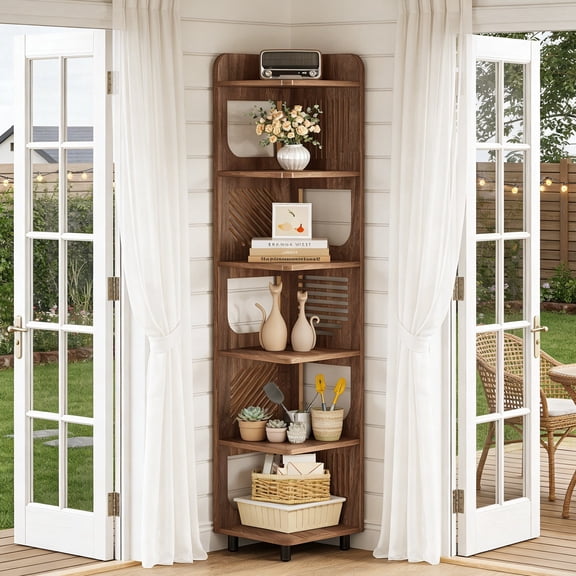 Fnova 71" 6-Tier Tall Corner Bookshelf, Rustic Wooden Narrow Corner Bookcase with Artistic Square Rack, Freestanding Display Storage Shelf for Space-Saving Home Organizing