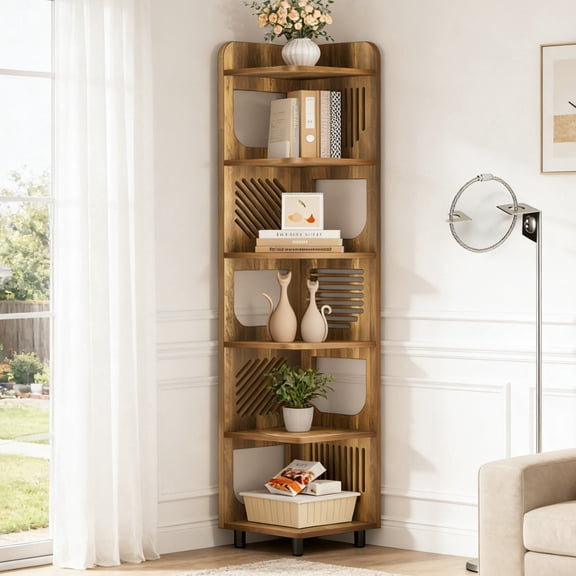 Fnova 71" 6-Tier Tall Corner Bookshelf, Rustic Wooden Narrow Corner Bookcase with Artistic Square Rack, Freestanding Display Storage Shelf for Space-Saving Home Organizing
