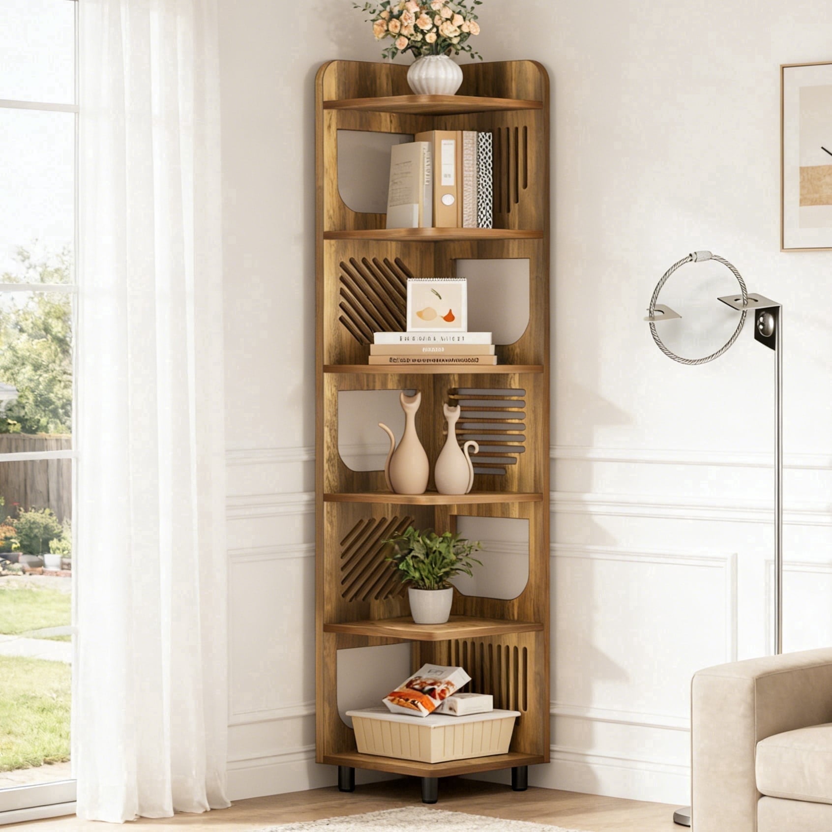 Fnova 71" 6-Tier Tall Corner Bookshelf, Rustic Wooden Narrow Corner Bookcase with Artistic Square Rack, Freestanding Display Storage Shelf for Space-Saving Home Organizing
