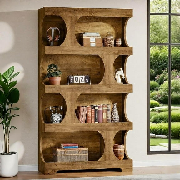 Fnova 71" Tall Bookshelf, 4-Tier Modern Freestanding S-Shaped Bookcase, Wood Decorative Display Storage Shelving, Large Library Book Shelf Unit for Home Office Living Room, Brown