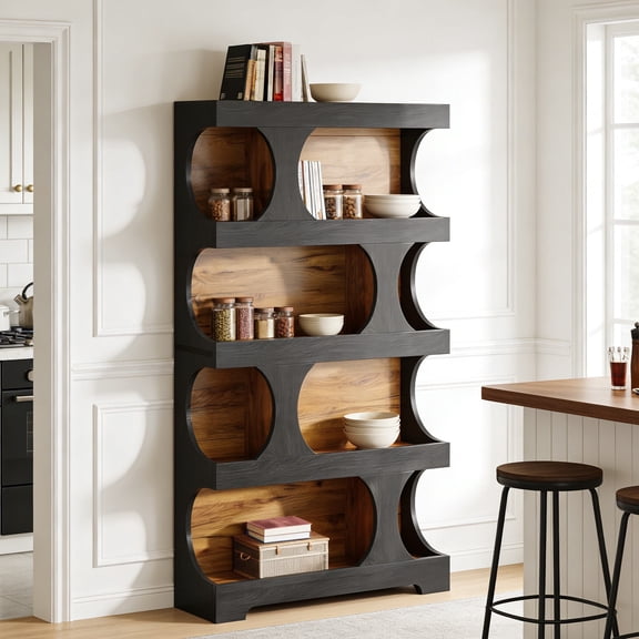 Fnova 71" Tall Bookshelf, 4-Tier Modern Freestanding S-Shaped Bookcase, Wood Decorative Display Storage Shelving, Large Library Book Shelf Unit for Home Office Living Room, Black & Brown