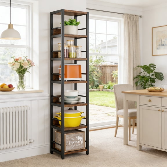 Fnova 75" 6-Tier Corner Bookshelf, Tall Narrow Rustic Wood Open Storage Rack, Square Bookcase Display Stand for Small Spaces in Living Room, Bathroom