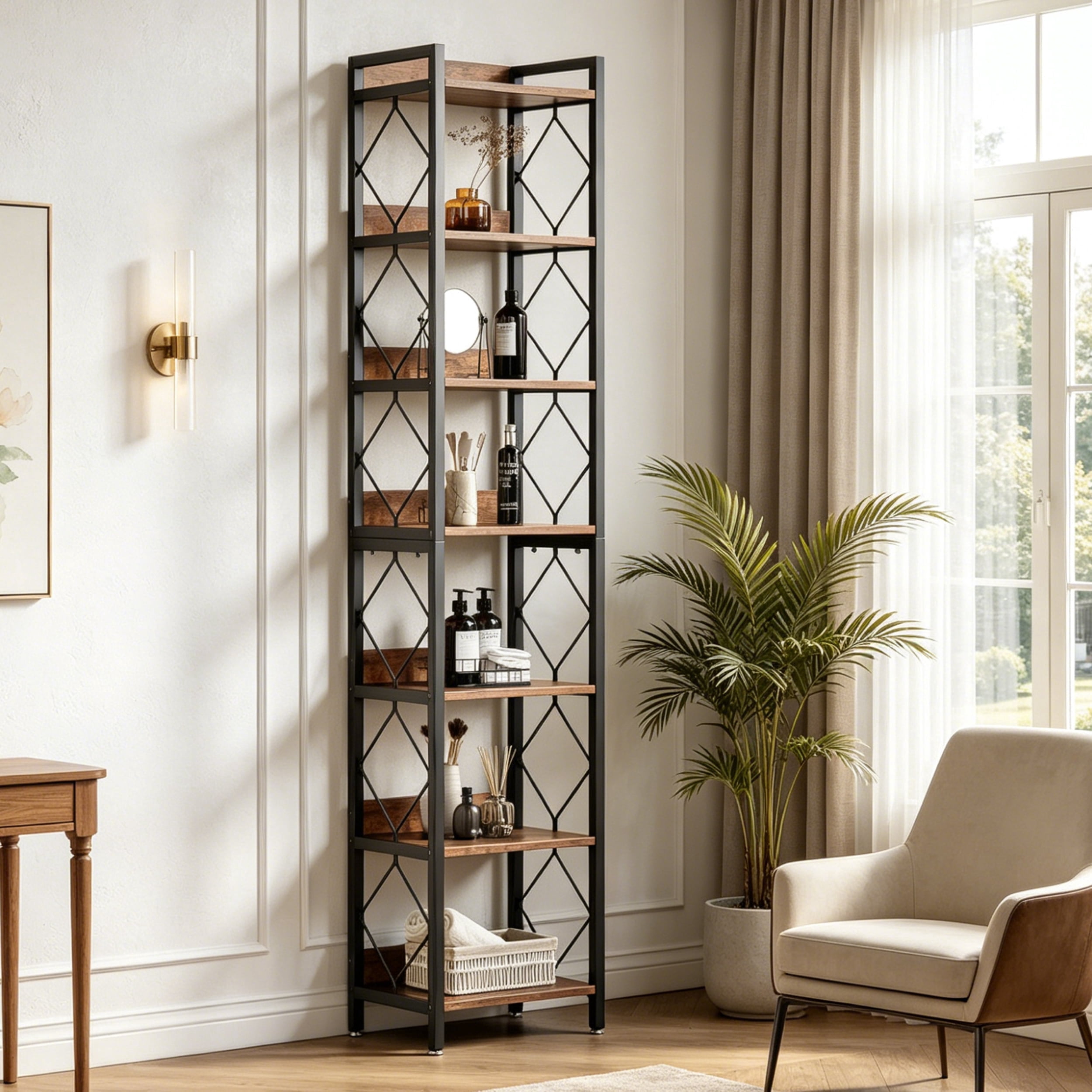 Fnova 78.7" 7-Tier Tall Storage Shelf, Narrow Metal Wood Bookshelf for Small Spaces, Office, Library, Living Room