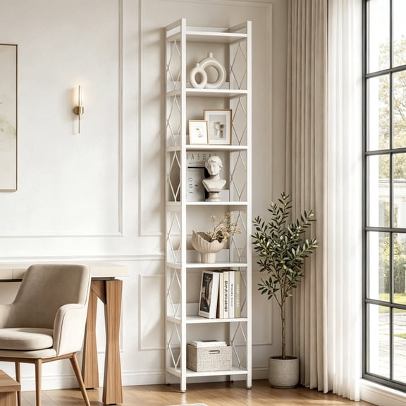 Fnova 78.7" 7-Tier Tall Storage Shelf, Narrow Metal Wood Bookshelf for Small Spaces, Office, Library, Living Room