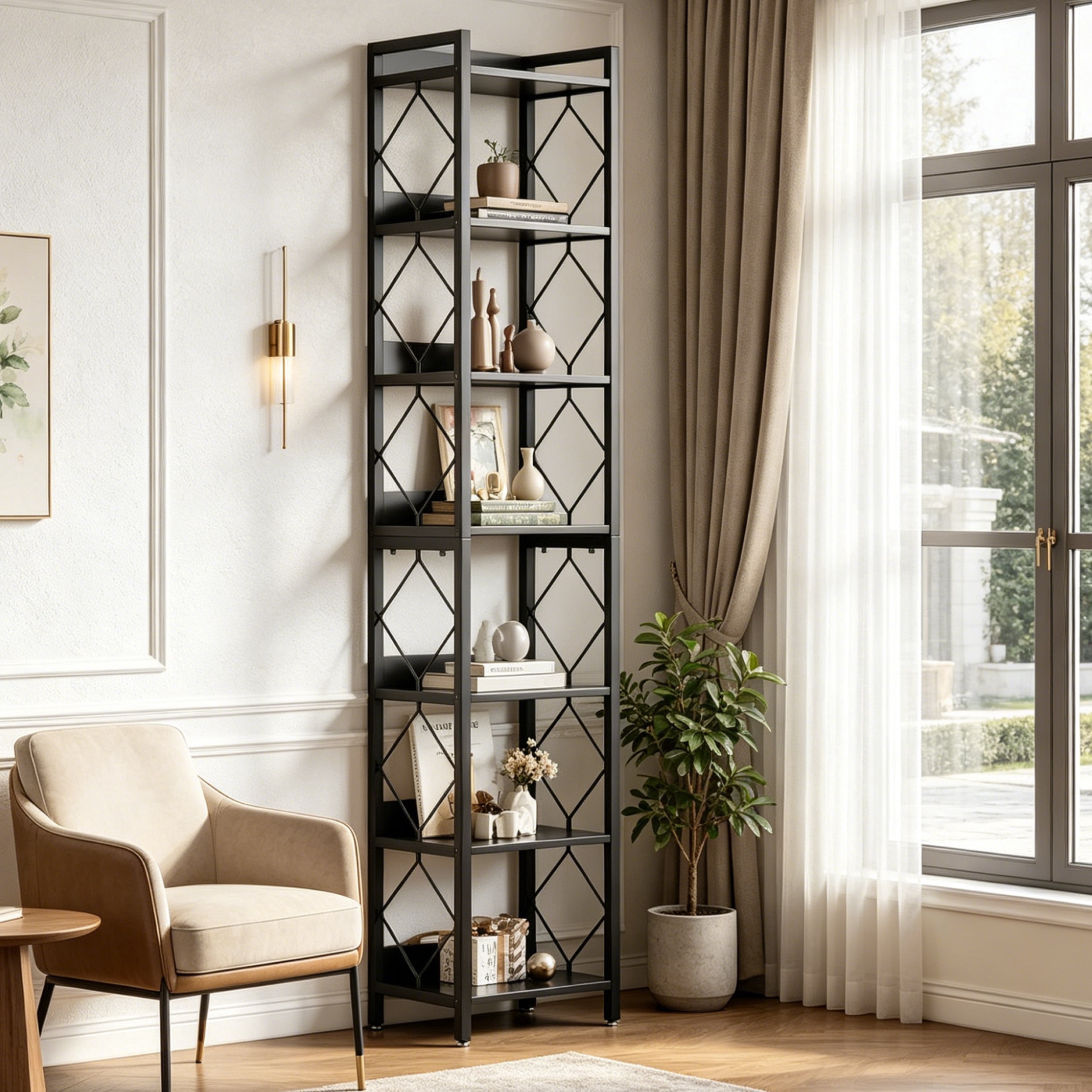 Fnova 78.7" 7-Tier Tall Storage Shelf, Narrow Metal Wood Bookshelf for Small Spaces, Office, Library, Living Room