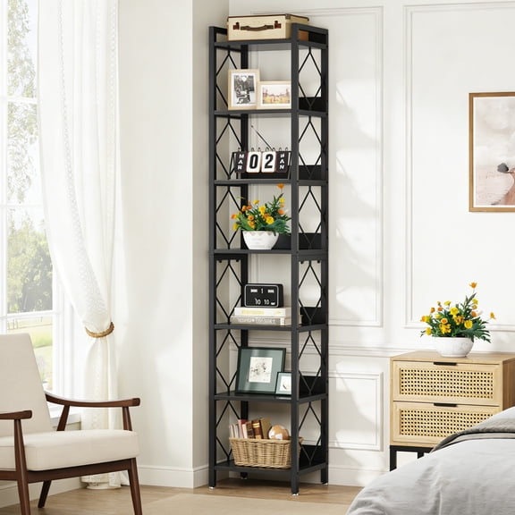 Fnova 78.7" 7-Tier Tall Storage Shelf, Narrow Metal Wood Bookshelf for Small Spaces, Office, Library, Living Room
