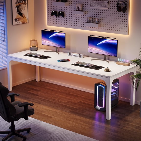 Fnova 78.7" Modern Computer Desk with Wood Desktop, Metal Frame Office Desk, White