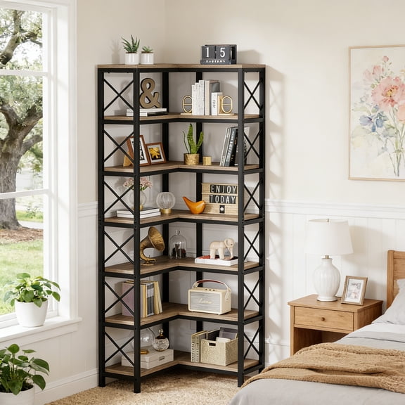 Fnova 78.7" Tall 7-Tier Corner Bookshelf, Industrial Large Corner Bookcase Storage Display Rack with Metal Frame for Living Room Home Office