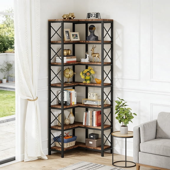 Fnova 78.7" Tall 7-Tier Corner Bookshelf, Industrial Large Corner Bookcase Storage Display Rack with Metal Frame for Living Room Home Office