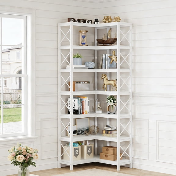 Fnova 78.7" Tall 7-Tier Corner Bookshelf, Industrial Large Corner Bookcase Storage Display Rack with Metal Frame for Living Room Home Office