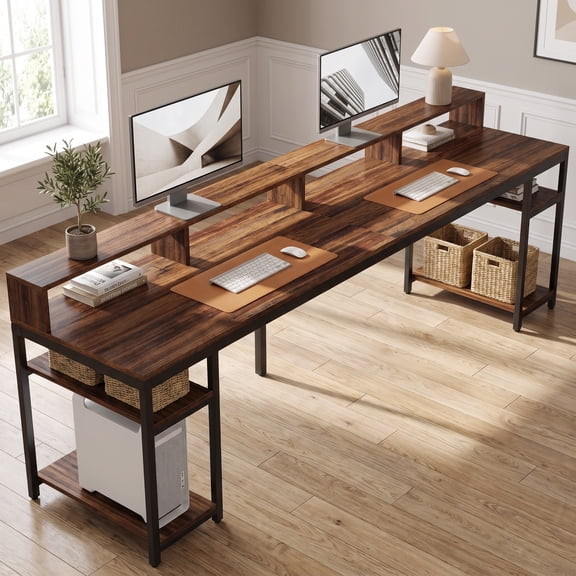 Fnova 78.74" Long Computer Desk with Monitor Stand and Storage Shelves, Industrial Home Office Writing Desk for 2, Brown
