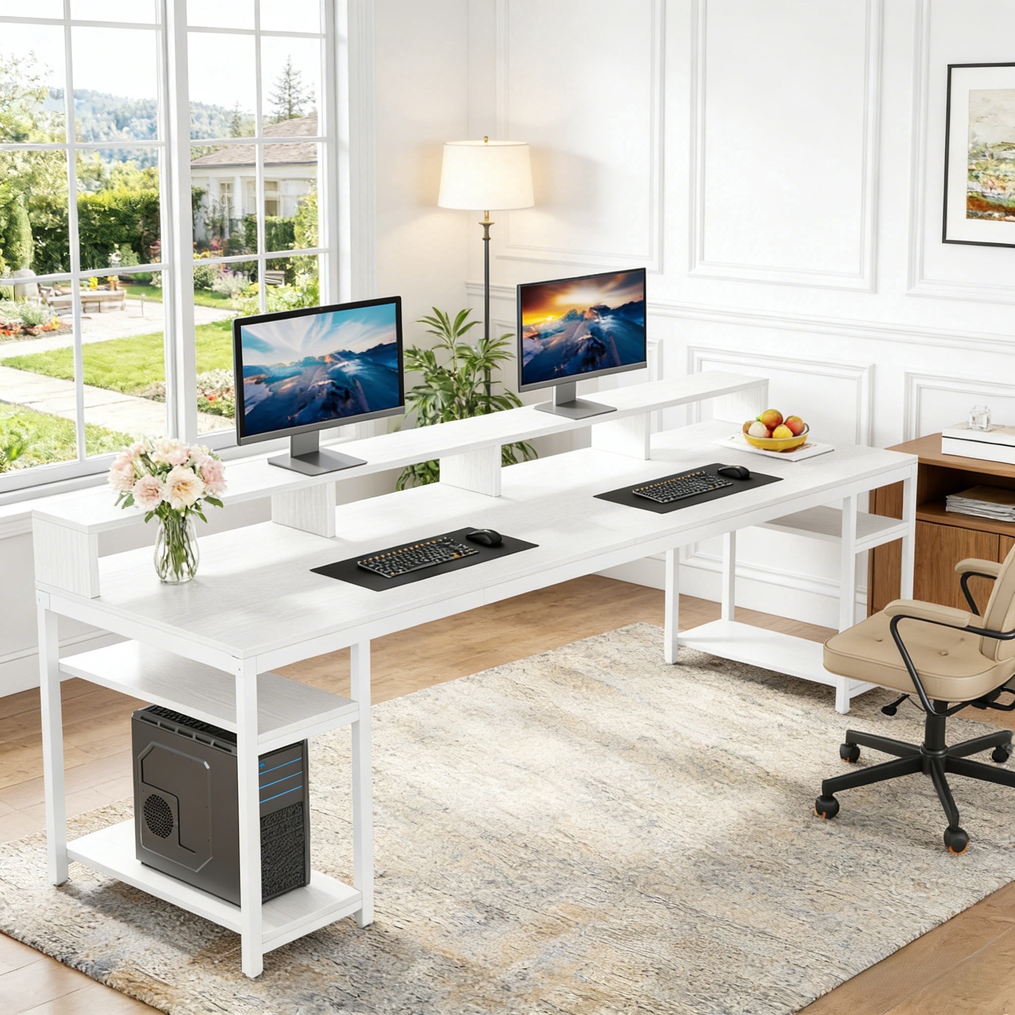 Fnova 78.74" Long Computer Desk with Monitor Stand and Storage Shelves, Industrial Home Office Writing Desk for 2, White