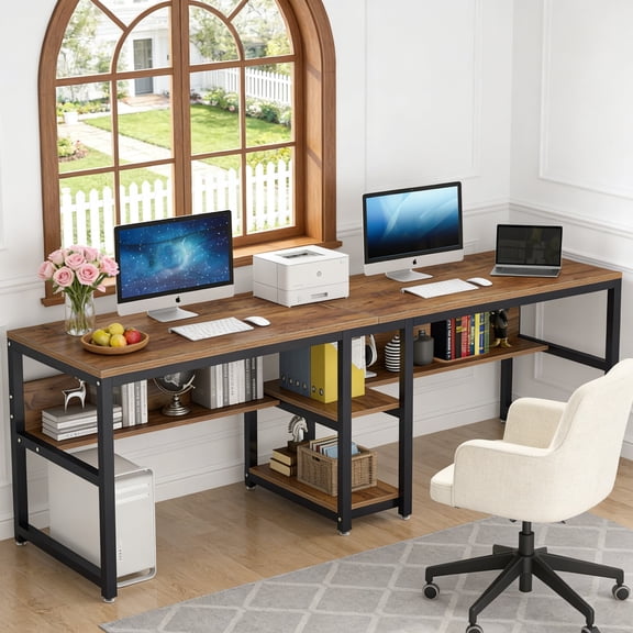 Fnova 78.74" Modern Computer Desk with Wood Tabletop, Industrial Writing Desk with 4 Open Shelves, Metal Frame Office Desk for Living Room & Study, Brown