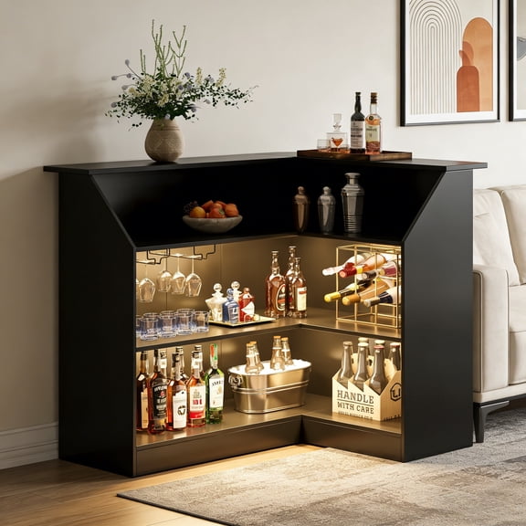 Fnova Bar Table, L-Shaped Home Pub Table with Stemware Racks, 4-Tier Corner Bar Unit Liquor Wine Bar Cabinet Reception Desk for Home Pub