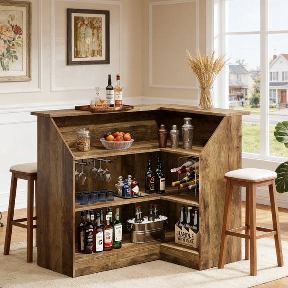 Fnova Bar Table, L-Shaped Home Pub Table with Stemware Racks, 4-Tier Corner Bar Unit Liquor Wine Bar Cabinet Reception Desk for Home Pub