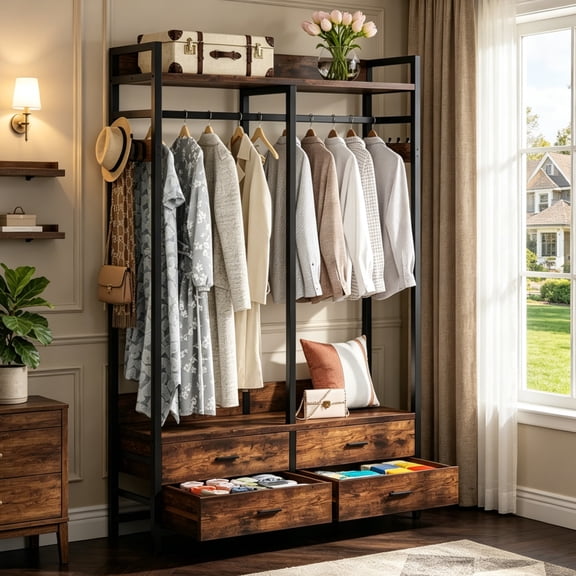 Fnova 71" Clothes Rack with Shelf and Hanging Rod, 4 Drawers Freestanding Closet Organizer, Heavy Duty Industrial Hall Tree Garments Rack for Small Space, Bedroom, Brown