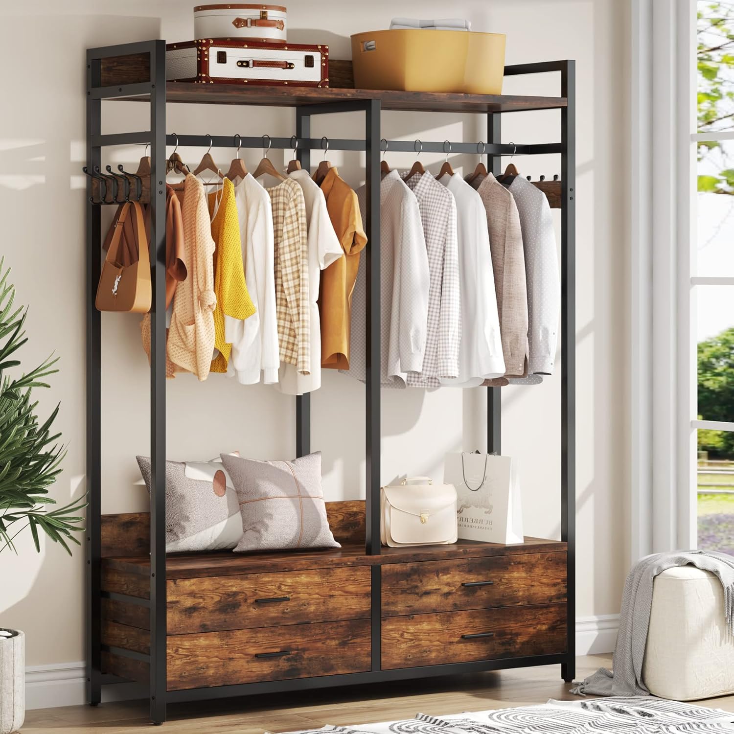 Lantine Clothes Rack with Shelf and Hanging Rod, 4 Drawers Freestanding ...