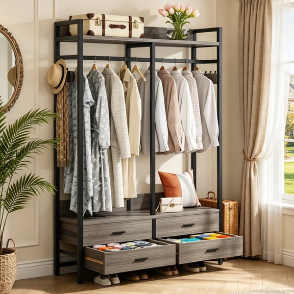 Fnova 71" Clothes Rack with Shelf and Hanging Rod, 4 Drawers Freestanding Closet Organizer, Heavy Duty Industrial Hall Tree Garments Rack for Small Space, Bedroom, Gray