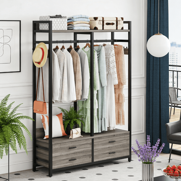 Fnova Clothes Rack with Shelf and Hanging Rod, 4 Drawers Freestanding Closet Organizer, Heavy Duty Industrial Hall Tree Garments Rack for Small Space, Bedroom, Gray