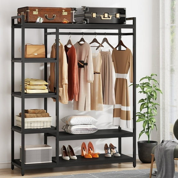 Fnova Clothes Rack with Shelf, Freestanding Closet Organizer, Heavy Duty Industrial Hall Tree Garments Rack for Small Space, Bedroom, Black