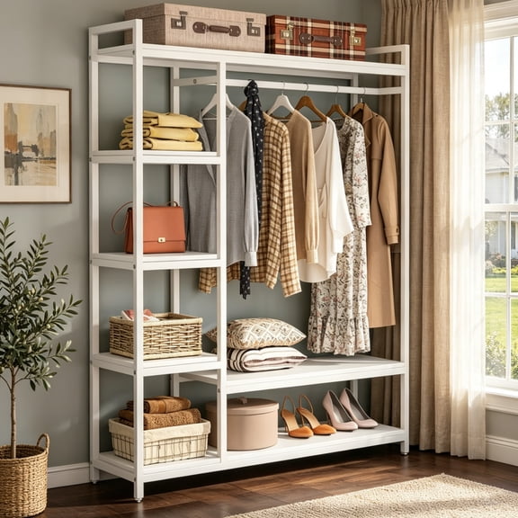 Fnova Clothes Rack with Shelf, Freestanding Closet Organizer, Heavy Duty Industrial Hall Tree Garments Rack for Small Space, Bedroom, White